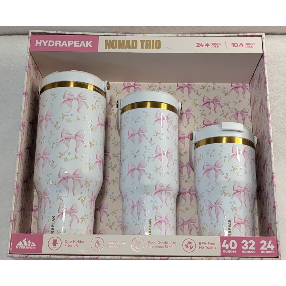 Hydrapeak Nomad Trio Pink Bows Floral Fancy Tumblers 40, 32 & 24 Oz SET of 3